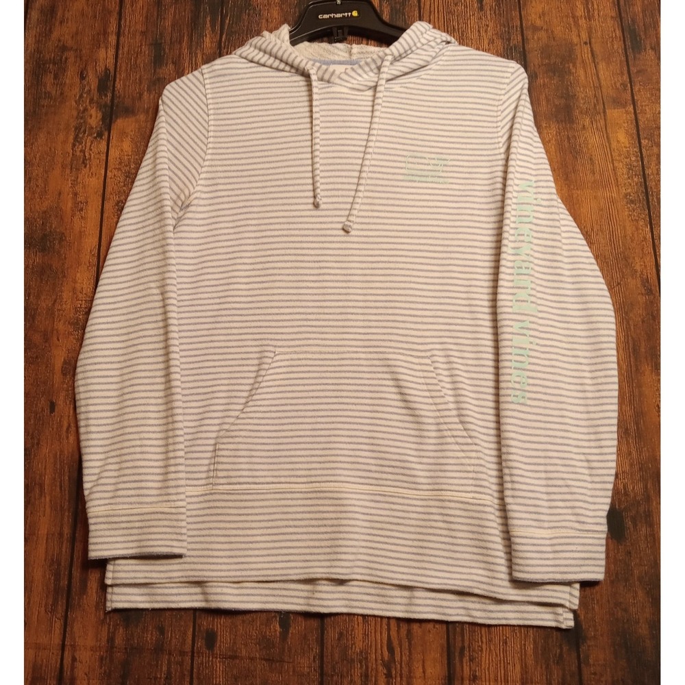 Vineyard Vinesโ Women's Long Sleeve Hooded Terry Cloth Size Medium Blue Stripe